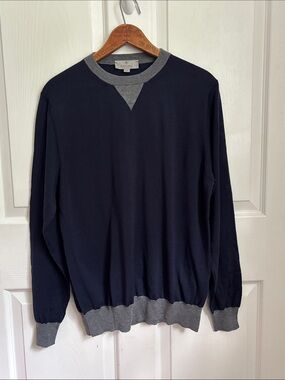 CANALI Navy Blue Crew neck wool sweater size 50 / Large Gray Trim lightweight